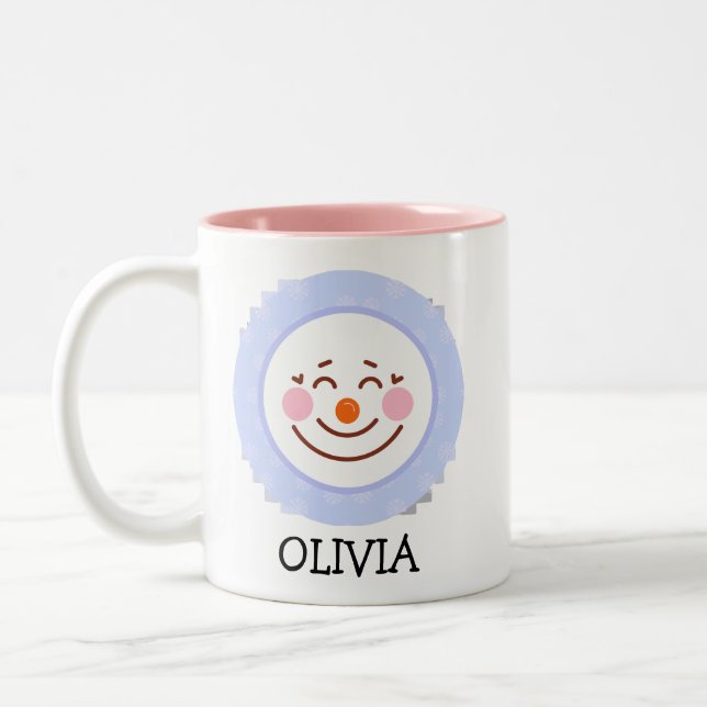 Happy Snowman Face Personalisiert Name Holiday Two Zweifarbige Tasse (Links)