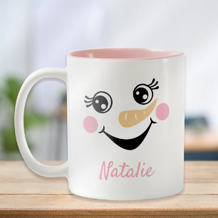 Happy Snowman Face Personalisiert Name Holiday Zweifarbige Tasse