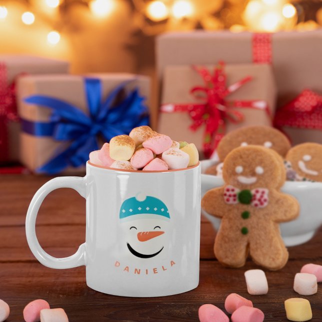Happy Snowman Face Personalisiert Text Zweifarbige Tasse (Von Creator hochgeladen)