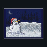 Happy Snowman Feiertagspostkarte<br><div class="desc">Dieser reizende Schneemann mit dem albernen Grinsen unter dem Mondlicht wird den Tag der Menschen,  denen Sie es schicken,  mit Ihren Feiertagsgruß aufheitern. Original digitale Malerei von Leslie Sigal Javorek.</div>