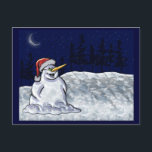 Happy Snowman Feiertagspostkarte<br><div class="desc">Dieser reizende Schneemann mit dem albernen Grinsen unter dem Mondlicht wird den Tag der Menschen,  denen Sie es schicken,  mit Ihren Feiertagsgruß aufheitern. Original digitale Malerei von Leslie Sigal Javorek.</div>