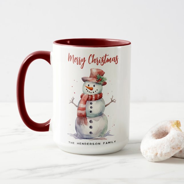 Happy Snowman Frohe Weihnachten Custom Familiennam Tasse (Mit Donut)