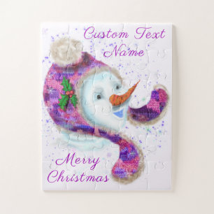 Happy Snowman in Lila PinkWinter Hat - Ihr Text Puzzle