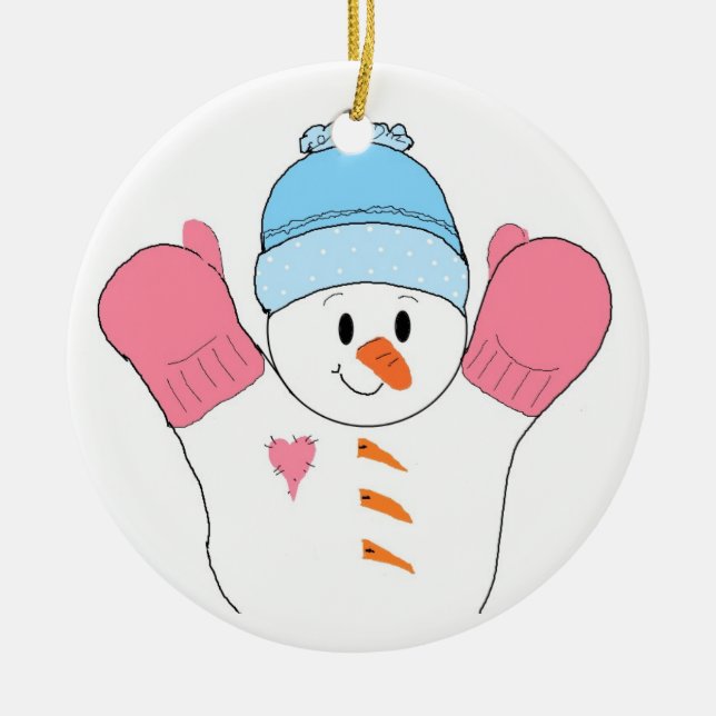 Happy Snowman in Pink Mittens Keramik Ornament (Vorne)