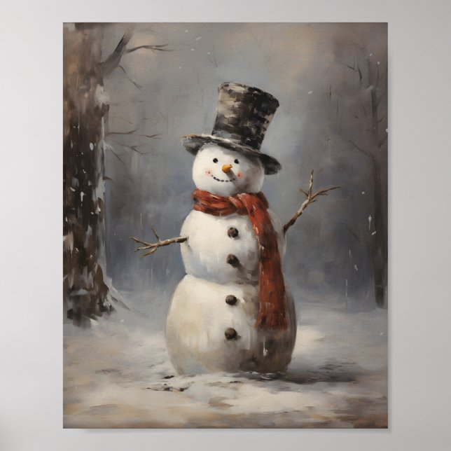 Happy Snowman mit Hut und Red Scarf im Wald Poster (Vorne)