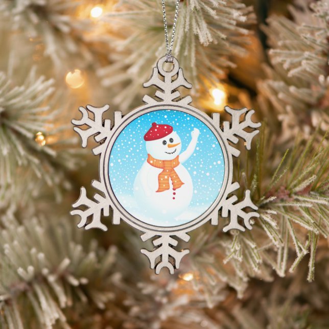 Happy Snowman Pewter Snowflake Ornament (Baum)