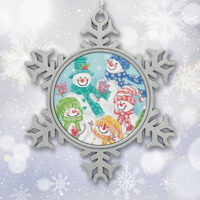 Happy Snowman Retro Weihnachten Schneeflocken Zinn-Ornament (Von Creator hochgeladen)