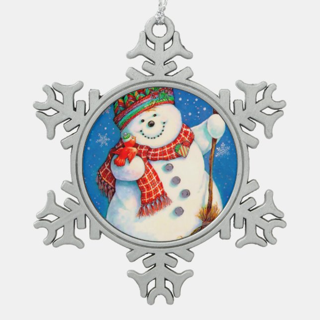 Happy Snowman Schneeflocken Zinn-Ornament (Vorderseite)