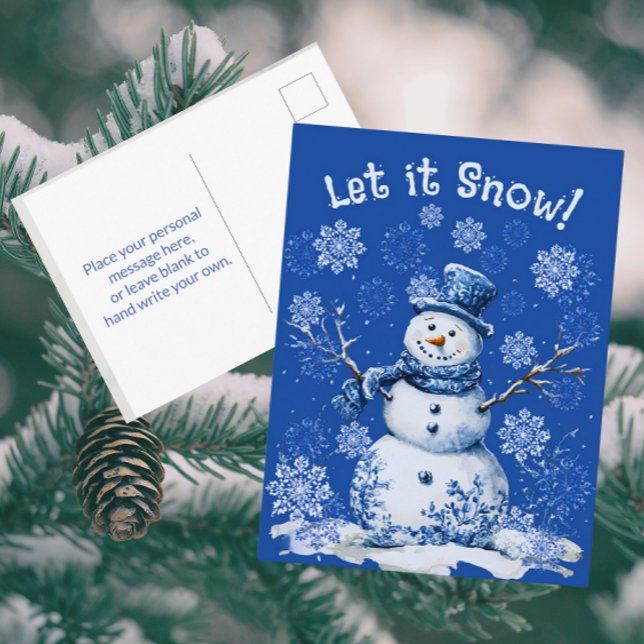 Happy Snowman Snowflakes Blue White Holiday  Postkarte (Thrifty personalized postcards!)