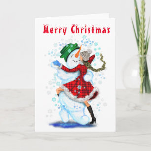 Happy Snowman und Girl Dance Tango Frohe Weihnacht Karte