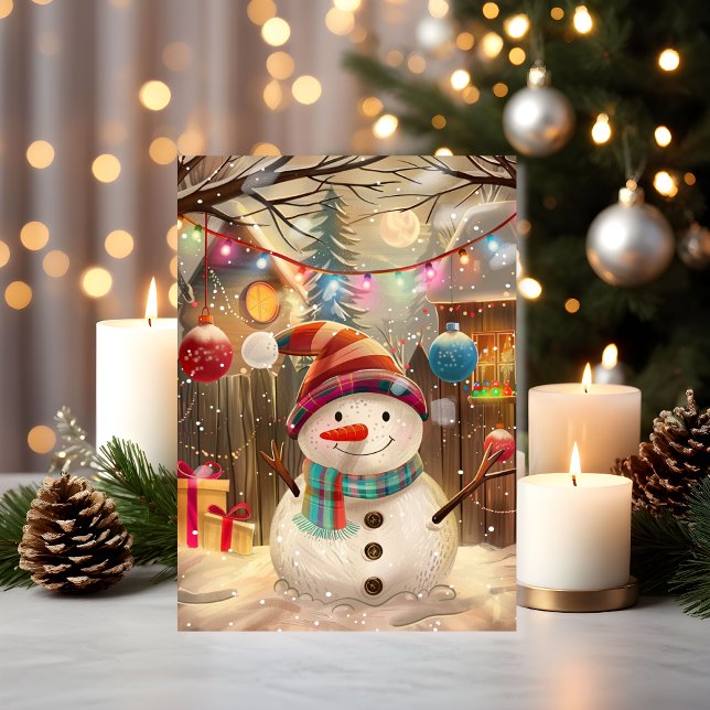 Happy Snowman with Colorful Lights & Holiday Cheer Karte (A cheerful snowman under twinkling lights — pure holiday joy in card form)