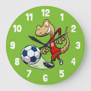 Happy Soccer Star Gecko Kicking Football Cartoon Große Wanduhr
