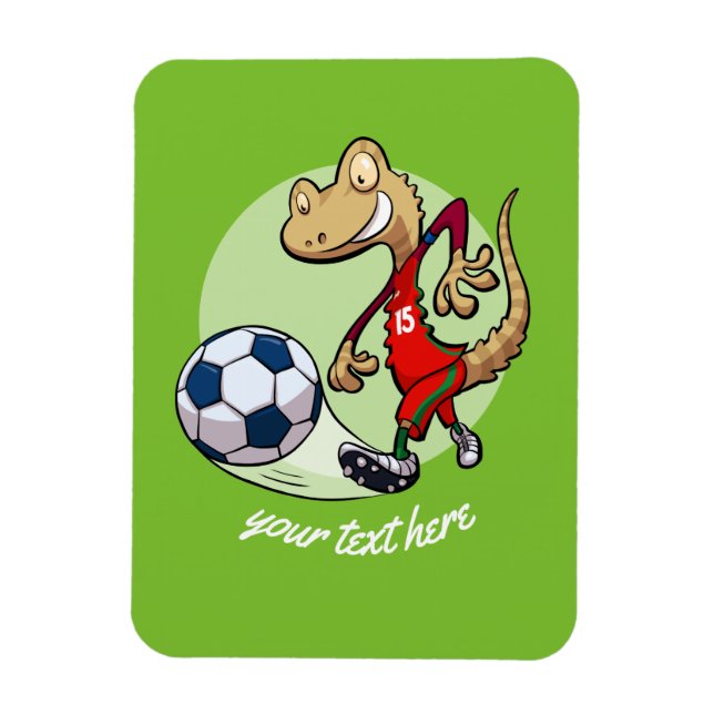 Happy Soccer Star Gecko Kicking Football Cartoon Magnet (Vertikal)