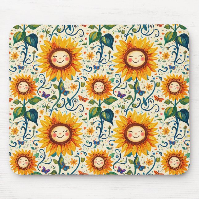 Happy Sonnenblumen: Gefrechtes Sonnenblumenmuster Mousepad (Vorne)