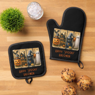 Happy "Spooky" Halloween Pumpkins Black Cat Bats Ofenhandschuh & Topflappen-Set