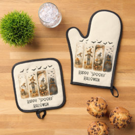 Happy "Spooky" Halloween Pumpkins Scarecrow Ghost Ofenhandschuh & Topflappen-Set