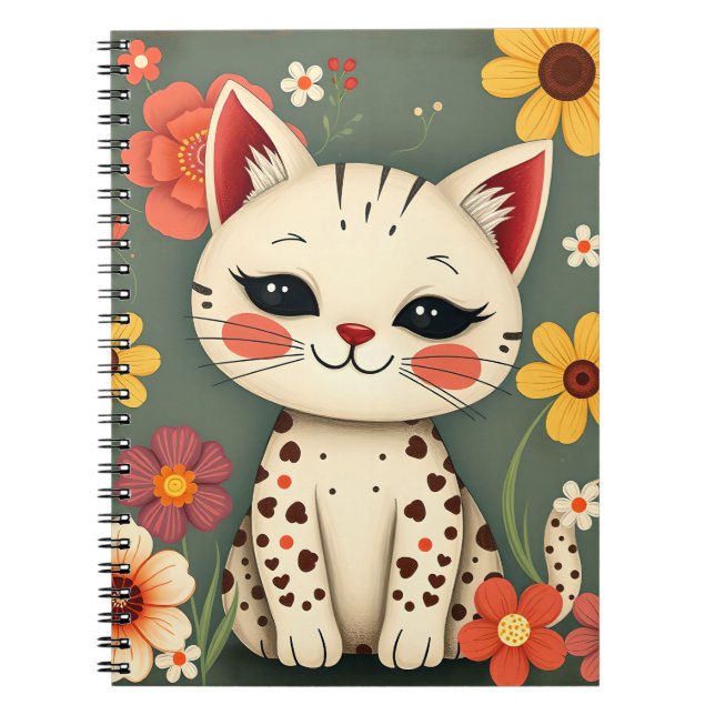 Happy Spotted Kitty with Flowers Notizblock (Vorderseite)