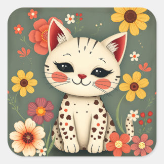 Happy Spotted Kitty with Flowers Quadratischer Aufkleber