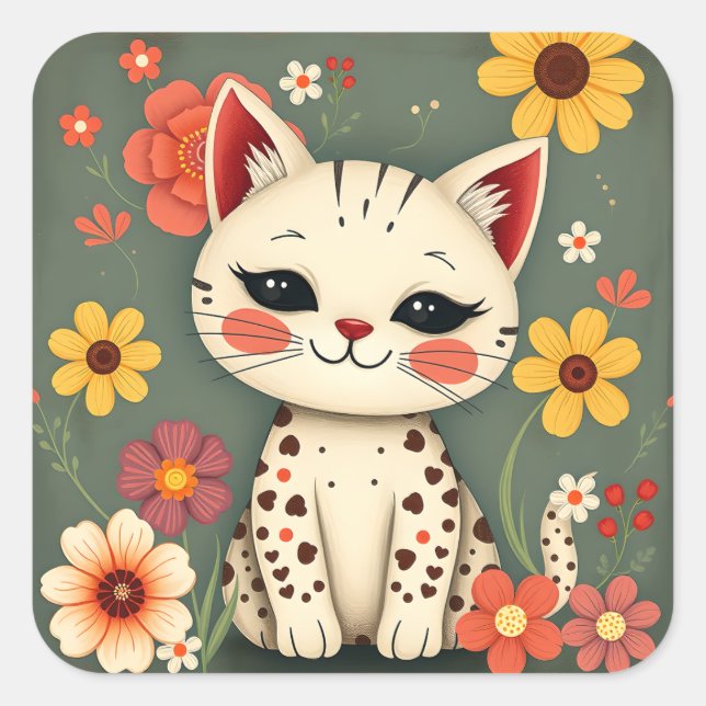Happy Spotted Kitty with Flowers Quadratischer Aufkleber (Vorderseite)