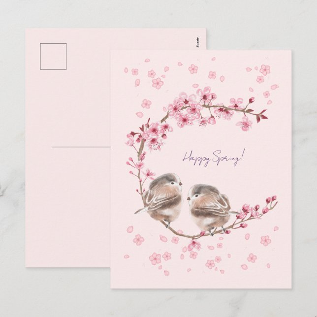 Happy Spring! 桜とかわいいすずめの春のあいさつ♡ Feiertagspostkarte (Vorne/Hinten)