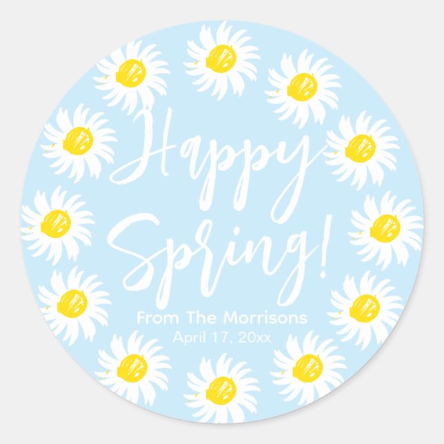Happy Spring blass blauen Daisis Frame benutzerdef Runder Aufkleber (Vorderseite)