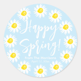 Happy Spring blass blauen Daisis Frame benutzerdef Runder Aufkleber