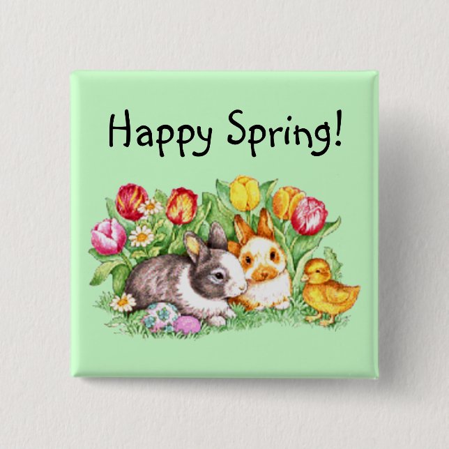 Happy Spring Bunny Chick Tulip Button - Vorlage (Vorderseite)