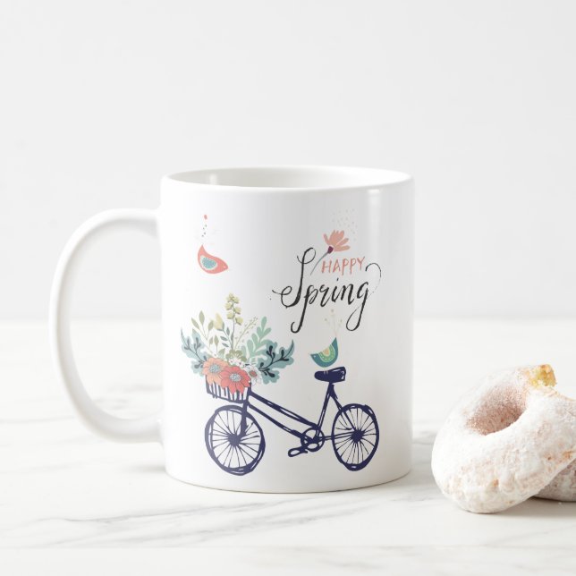 Happy Spring Design: Fahrrad, Blume und Vögel Kaffeetasse (Mit Donut)