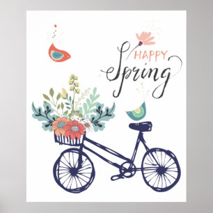 Happy Spring Design: Fahrrad, Blume und Vögel Poster