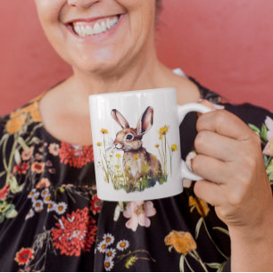 Happy Spring Watercolor Rabbit Yellow Flowers Tass Kaffeetasse