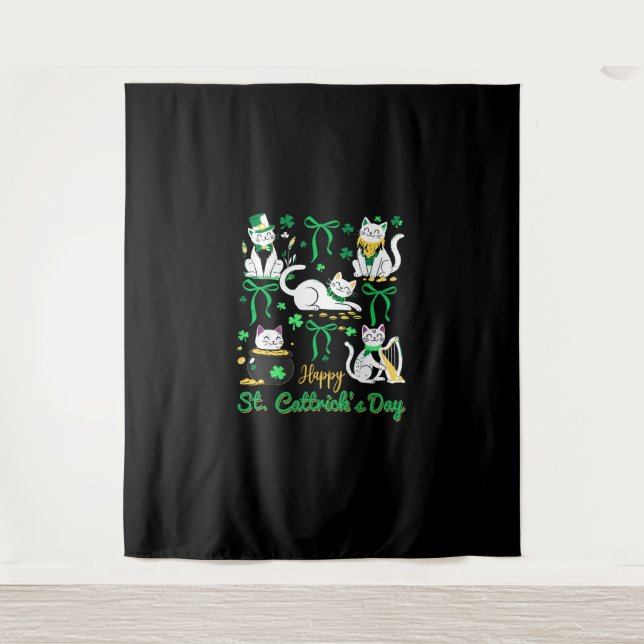 Happy St Cattrick's Day Coquette Bow Cat St Patric Wandteppich (Vorderseite)