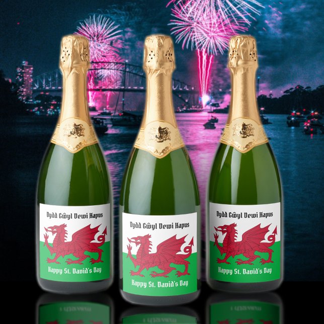 Happy St. David's Day Red Dragon Welsh Flag (Saint David's Day 3 Champagne Labels Cover Photo)