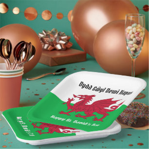 Happy St. David's Day Red Dragon Welsh Flag Pappteller