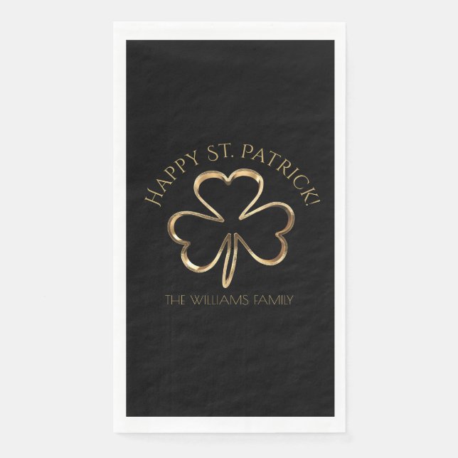 Happy St. Patrick Black and Gold Clover Kleeblatt Serviette (Vorderseite)