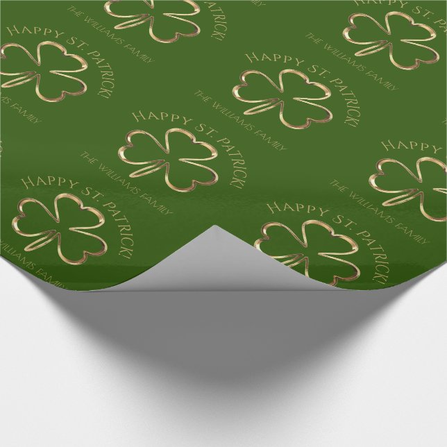 Happy St. Patrick Green und Gold Clover Kleeblatt Geschenkpapier (Ecke)
