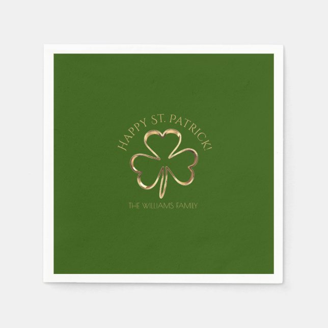 Happy St. Patrick Green und Gold Clover Kleeblatt Serviette (Vorderseite)