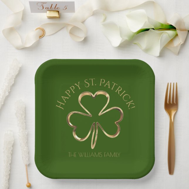 Happy St. Patrick Green und Gold Kleeblatt Clover Pappteller (Hochzeit)