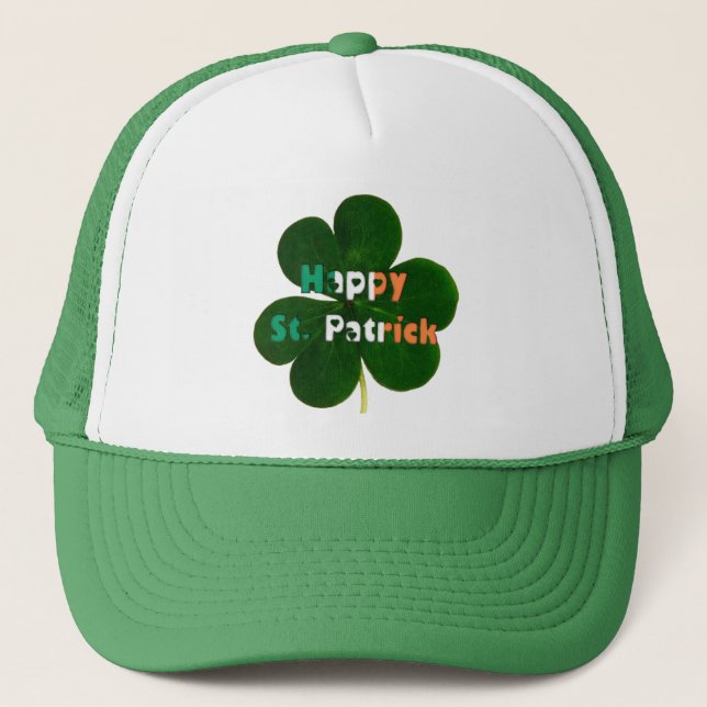 Happy St. Patrick Irish Flag Colors Kleeblatt Gree Truckerkappe (Vorderseite)
