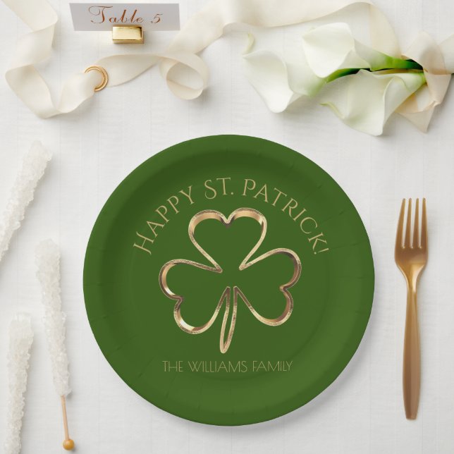 Happy St. Patrick oder Ihr Text-Kleeblatt Kleber P Pappteller (Hochzeit)