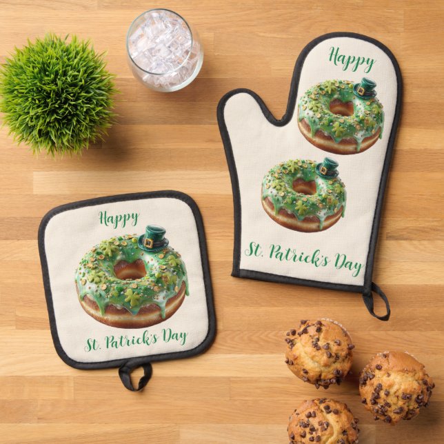 Happy St. Patrick’s Day Donut with Leprechaun Hat Ofenhandschuh & Topflappen-Set (Oben Unten)