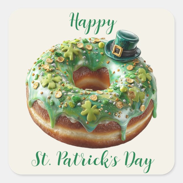 Happy St. Patrick’s Day Donut with Leprechaun Hat Quadratischer Aufkleber (Vorderseite)
