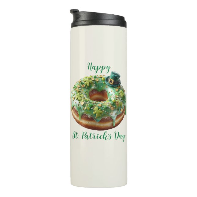 Happy St. Patrick’s Day Donut with Leprechaun Hat Thermosbecher (Nach rechts gedreht)