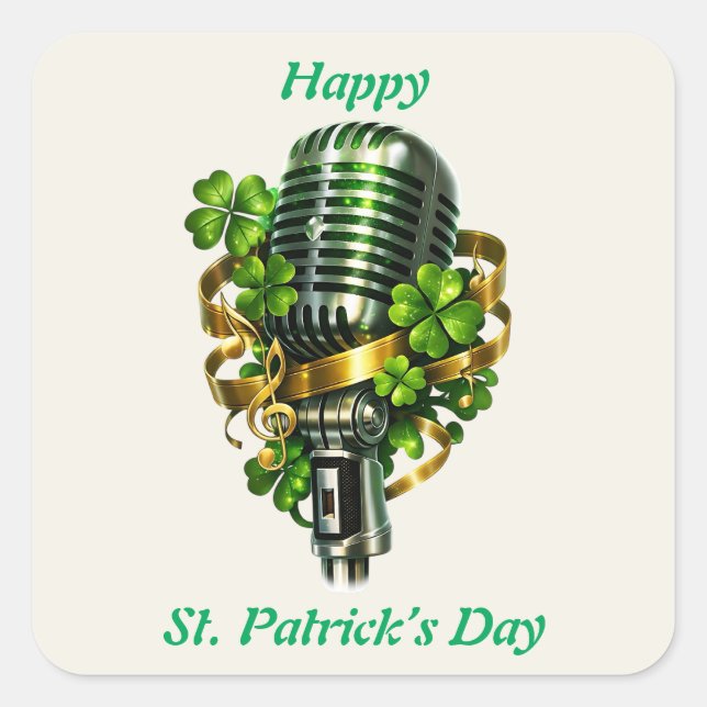 Happy St. Patrick’s Day Shamrock & Microphone Quadratischer Aufkleber (Vorderseite)