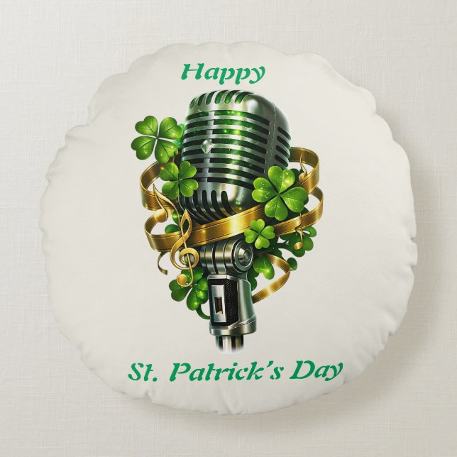 Happy St. Patrick’s Day Shamrock & Microphone Rundes Kissen (Vorderseite)