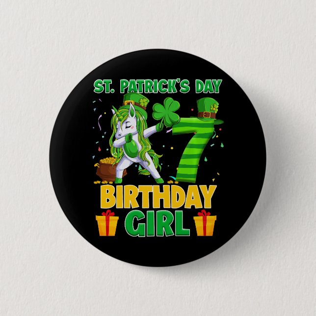 Happy St Patricks Day 7th Birthday Unicorn Dabbing Button (Vorderseite)