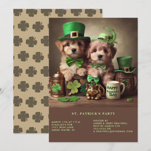 Happy St Patrick's Day Adorable Puppies Green Hats Einladung (Vorne/Hinten)