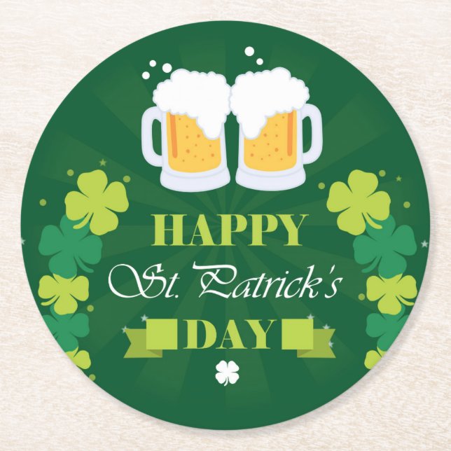 Happy St. Patricks Day Beer and Clovers Runder Pappuntersetzer (Vorderseite)