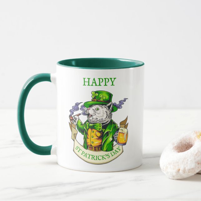 Happy St. Patrick's Day Beer Irish Cat Funny Coffe Tasse (Mit Donut)