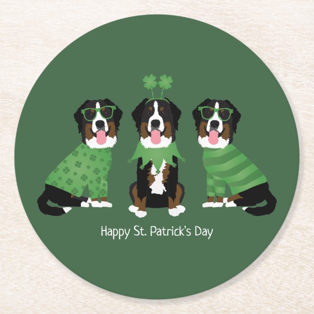 Happy St Patricks Day Bernese Mountain Hunde Runder Pappuntersetzer (Vorderseite)