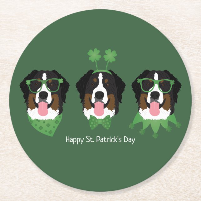 Happy St Patricks Day Bernese Mountain Hunde Runder Pappuntersetzer (Vorderseite)